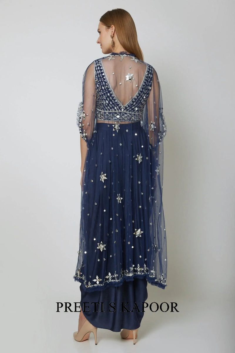 Cobalt Blue Embroidered Blouse With Dhoti & Cape - Preeti S Kapoor