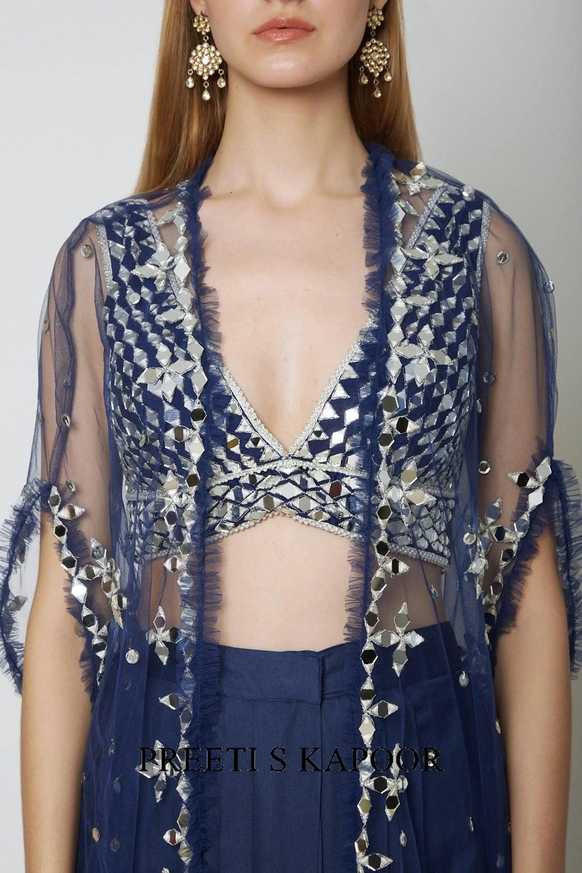 Cobalt Blue Embroidered Blouse With Dhoti & Cape - Preeti S Kapoor