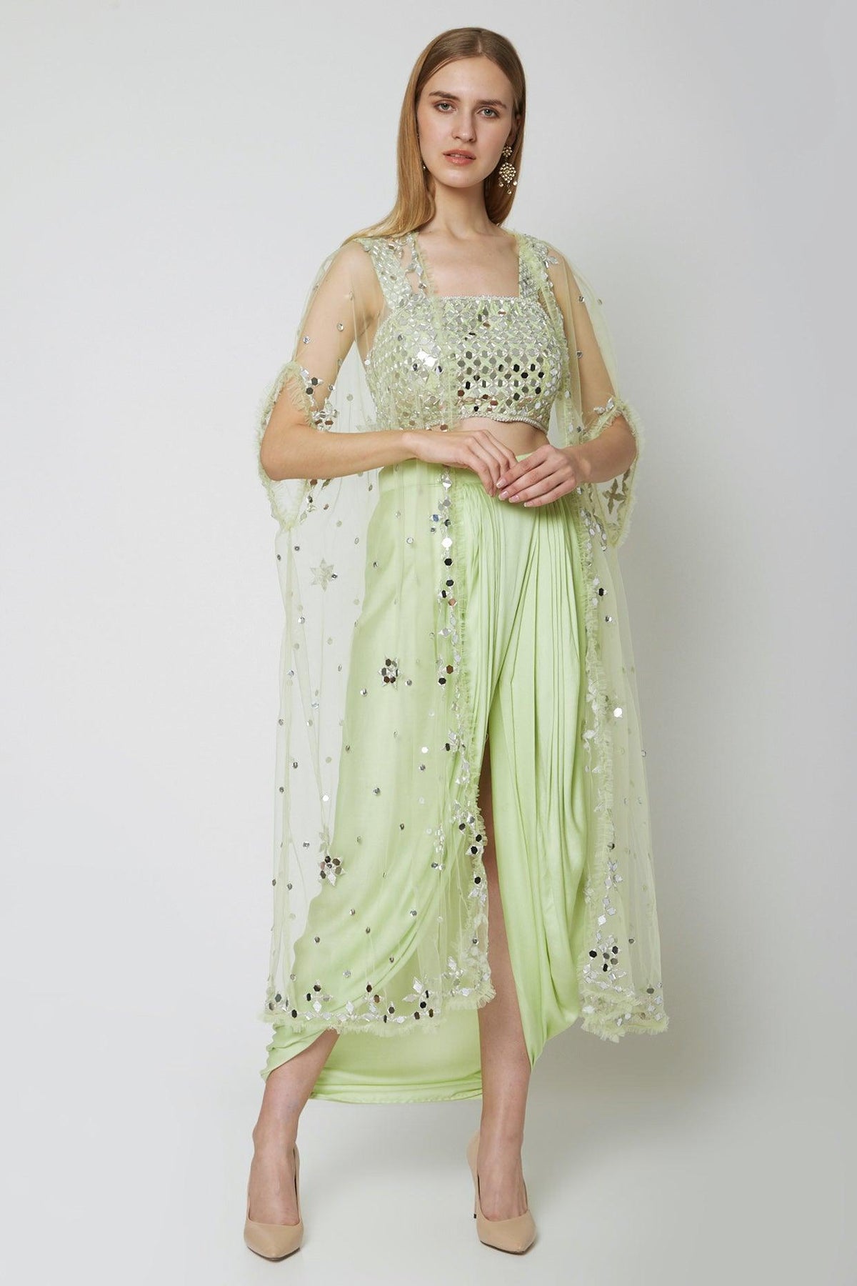 Mint Green Embroidered Blouse With Dhoti & Cape - Preeti s kapoor
