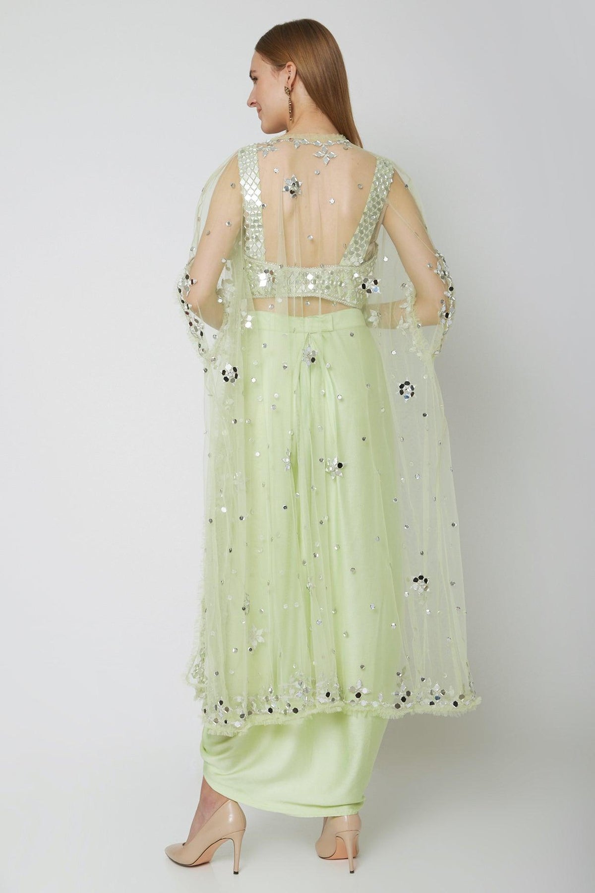 Mint Green Embroidered Blouse With Dhoti & Cape - Preeti s kapoor