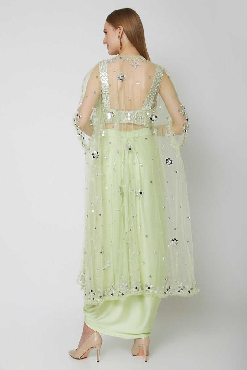 Mint Green Embroidered Blouse With Dhoti & Cape - Preeti s kapoor