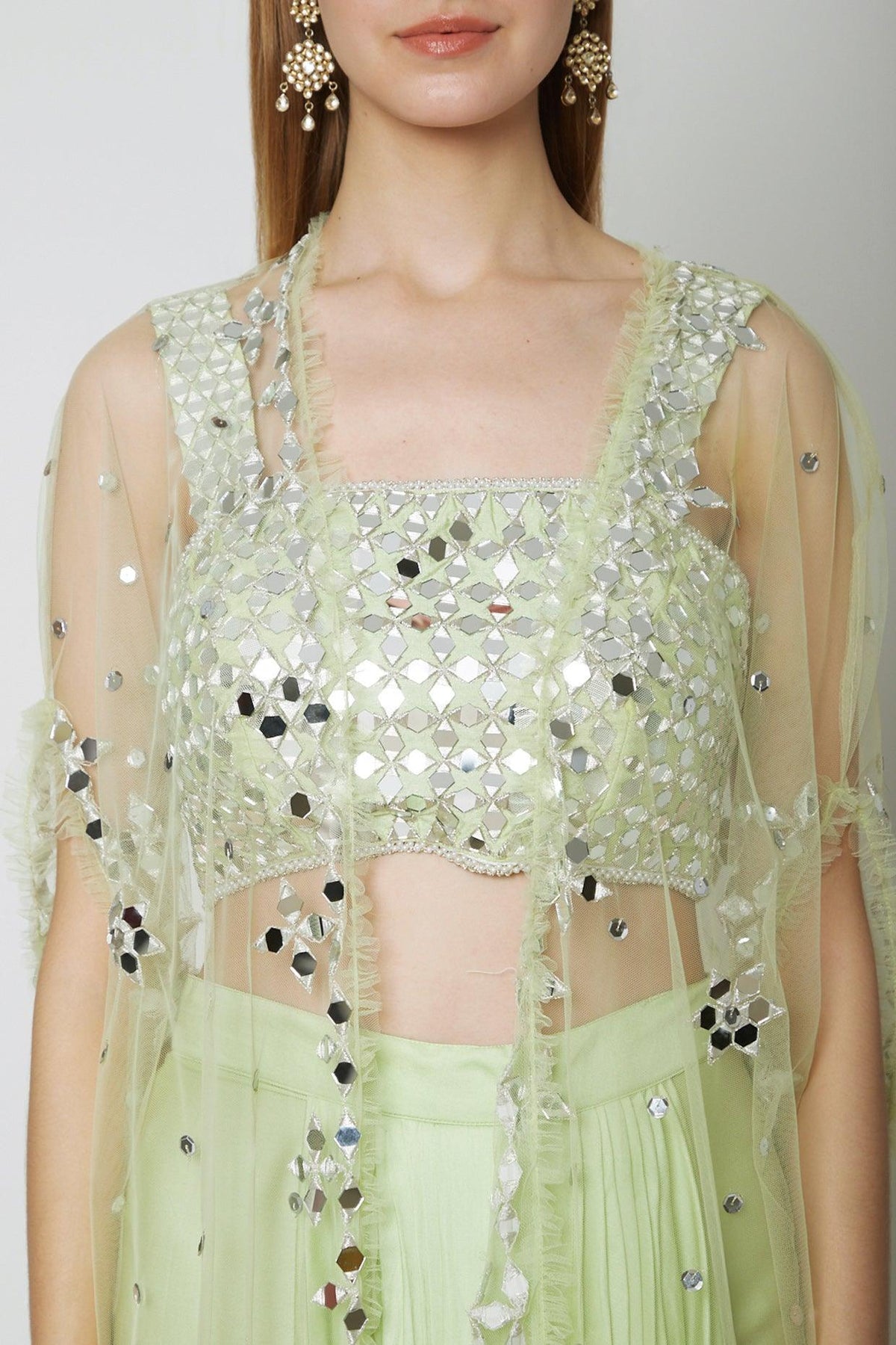 Mint Green Embroidered Blouse With Dhoti & Cape - Preeti s kapoor