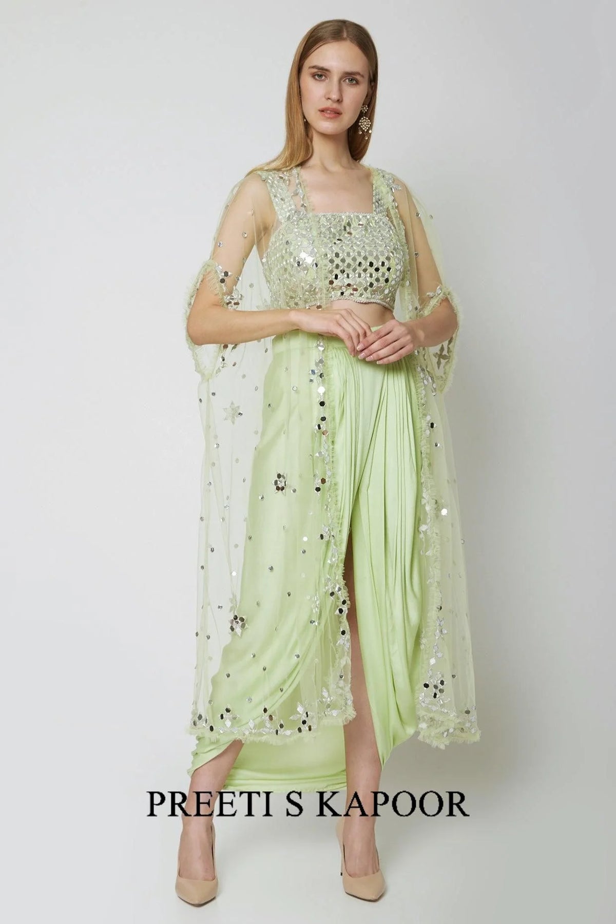 Mint Green Embroidered Blouse With Dhoti & Cape - Preeti S Kapoor