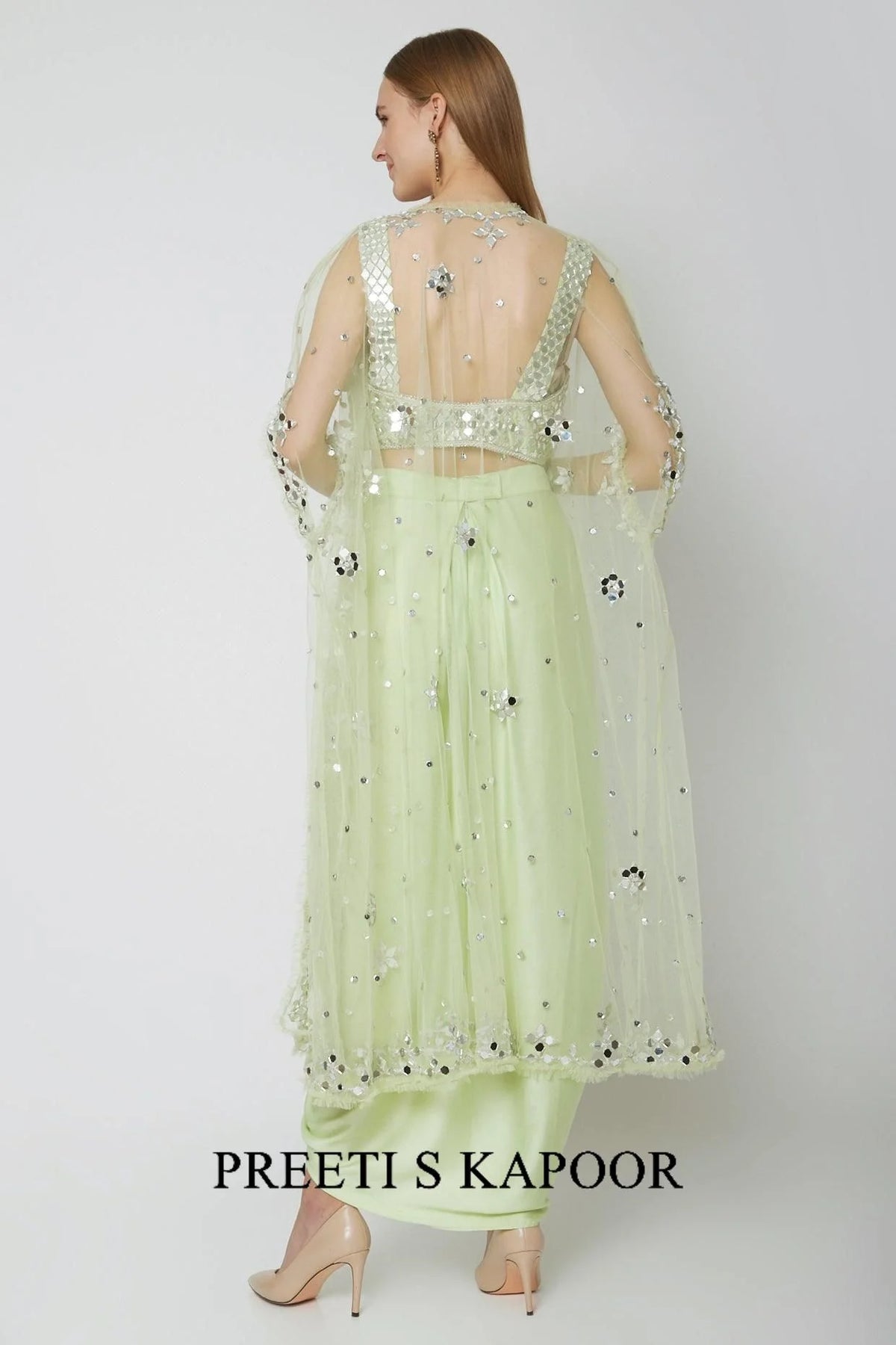 Mint Green Embroidered Blouse With Dhoti & Cape - Preeti S Kapoor