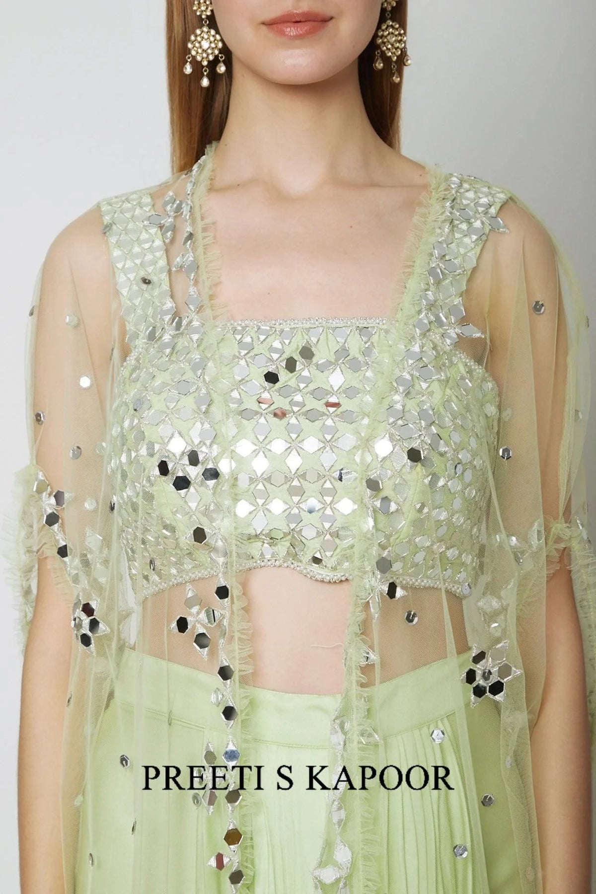 Mint Green Embroidered Blouse With Dhoti & Cape - Preeti S Kapoor