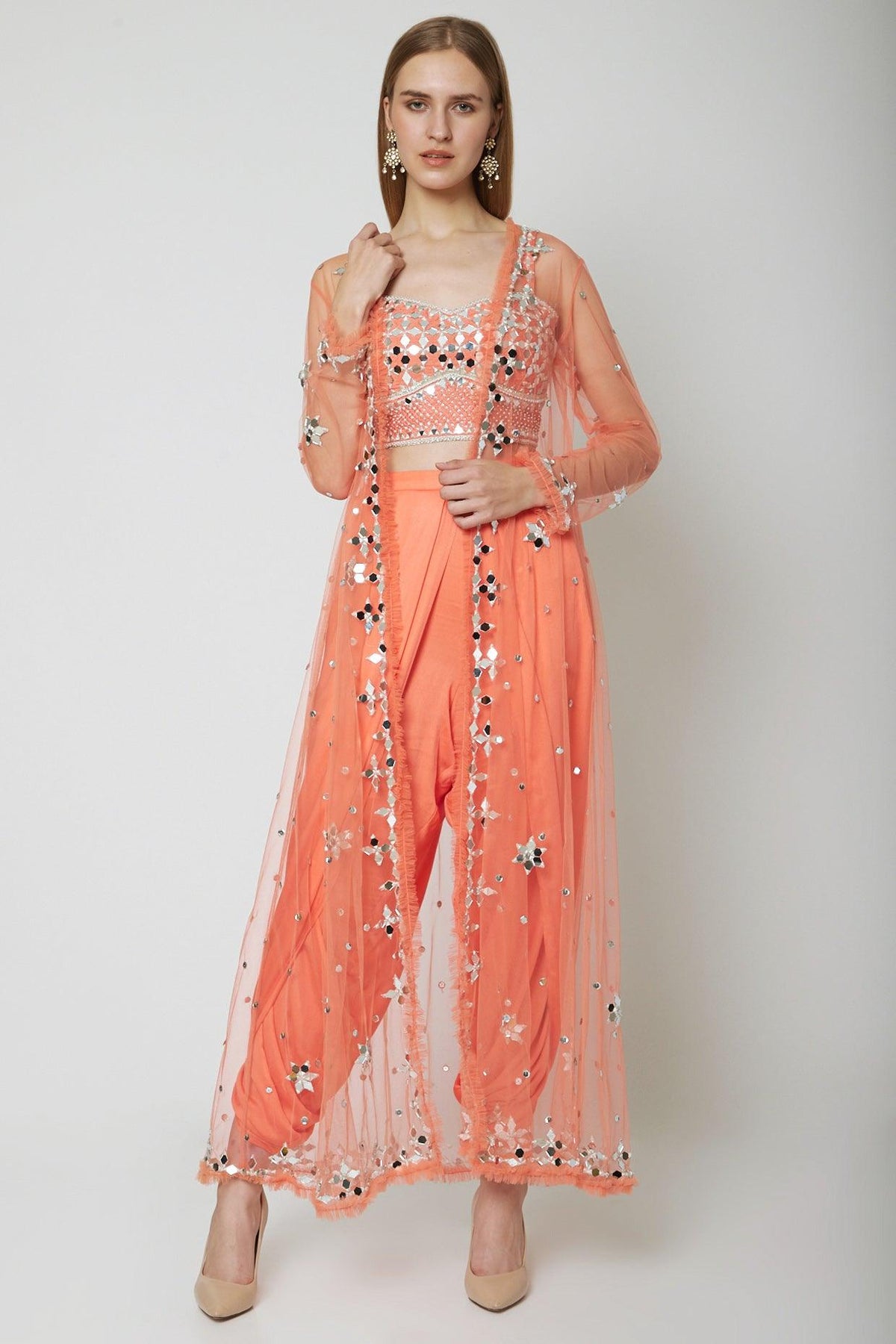 Peach Embroidered Blouse With Dhoti & Cape - Preeti s kapoor