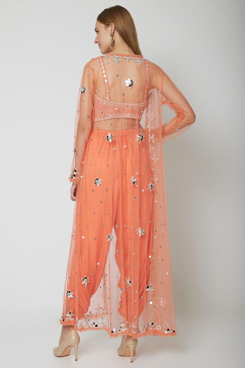 Peach Embroidered Blouse With Dhoti & Cape - Preeti s kapoor