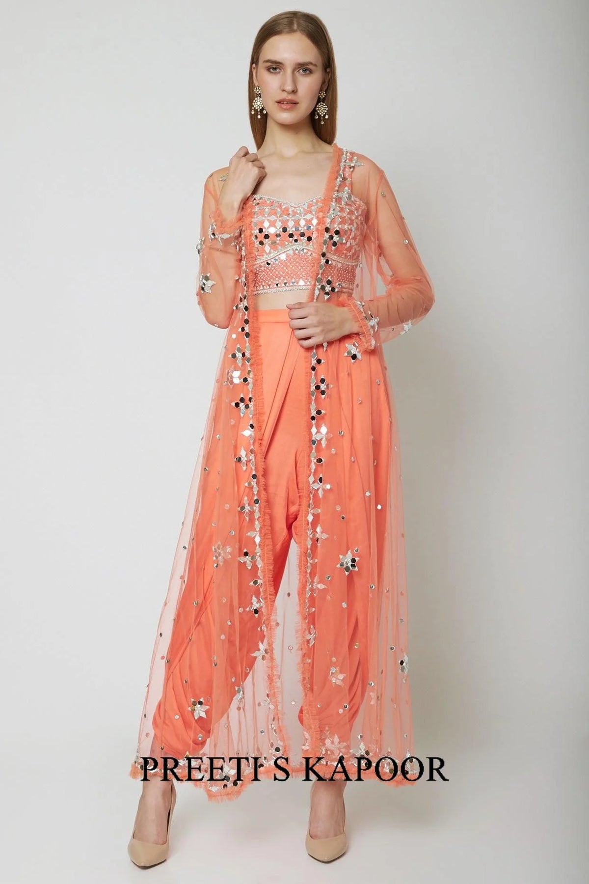 Peach Embroidered Blouse With Dhoti & Cape - Preeti S Kapoor