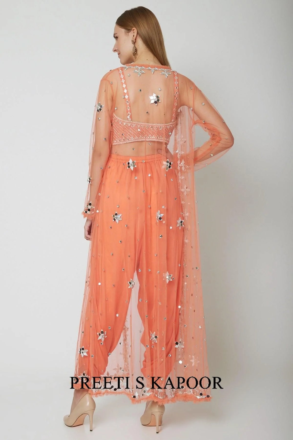 Peach Embroidered Blouse With Dhoti & Cape - Preeti S Kapoor