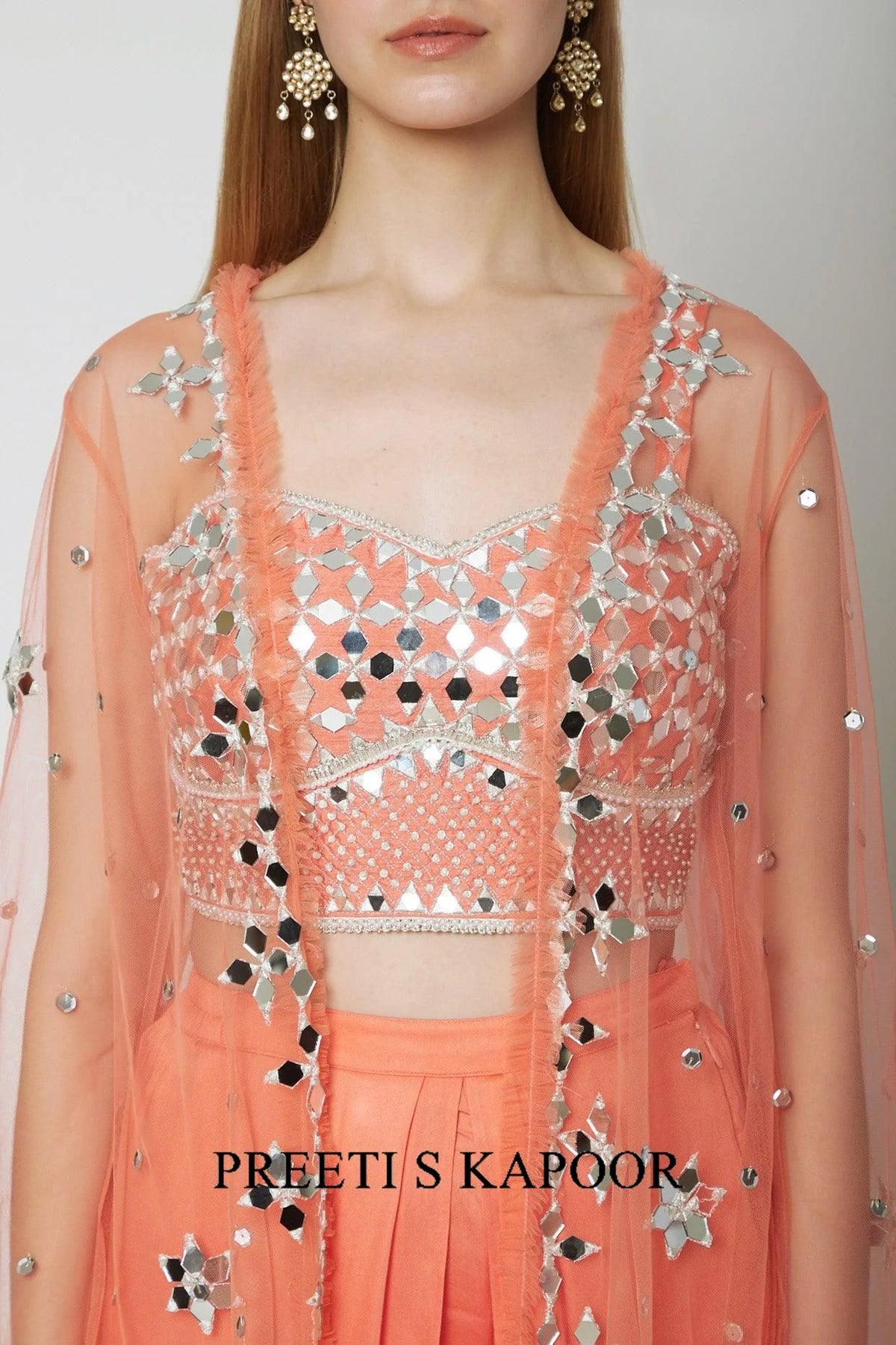 Peach Embroidered Blouse With Dhoti & Cape - Preeti S Kapoor