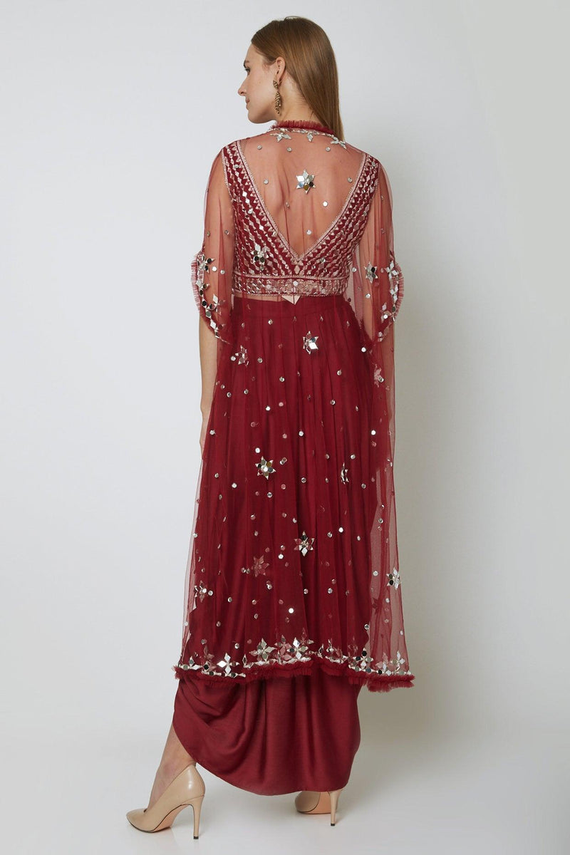 Wine Embroidered Blouse With Dhoti & Cape - Preeti s kapoor
