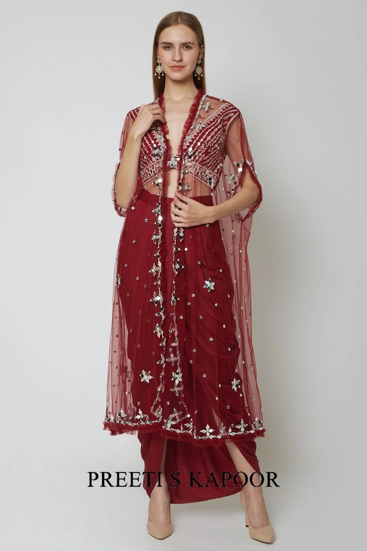Wine Embroidered Blouse With Dhoti & Cape - Preeti S Kapoor