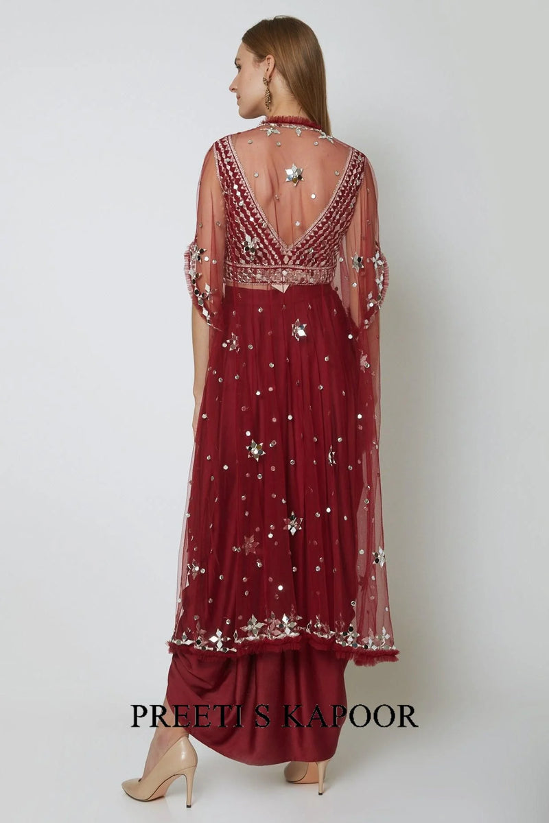 Wine Embroidered Blouse With Dhoti & Cape - Preeti S Kapoor