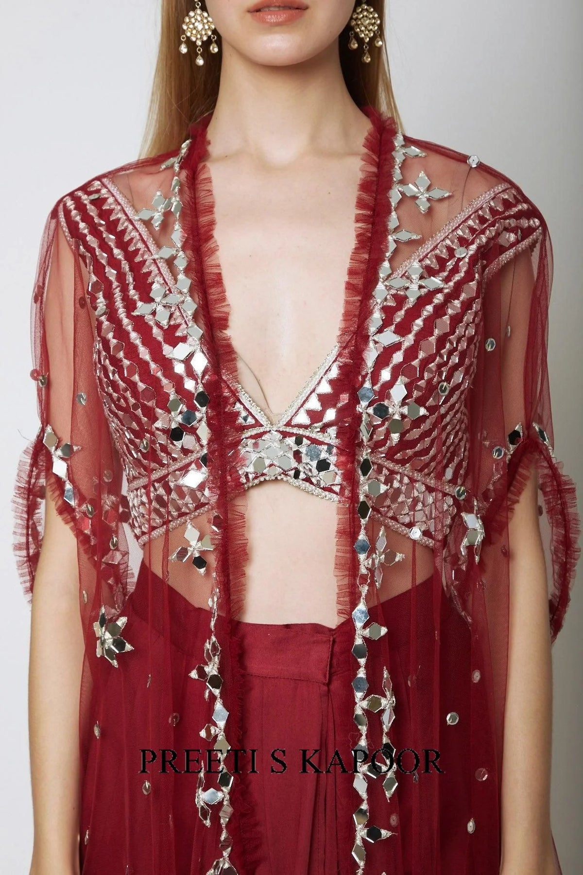 Wine Embroidered Blouse With Dhoti & Cape - Preeti S Kapoor