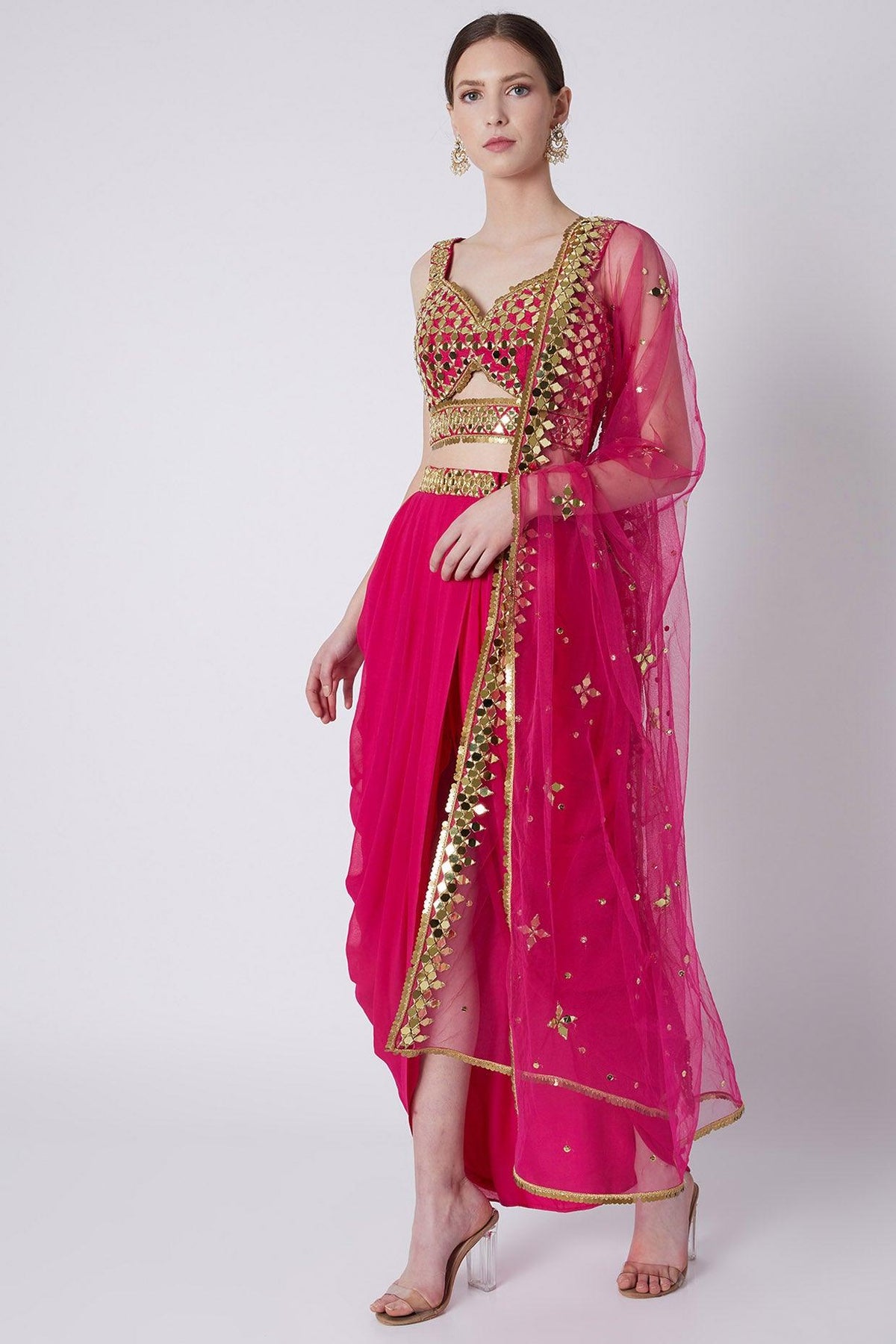Fuchsia Gold Mirrors Embroidered Dhoti Set - Preeti s kapoor