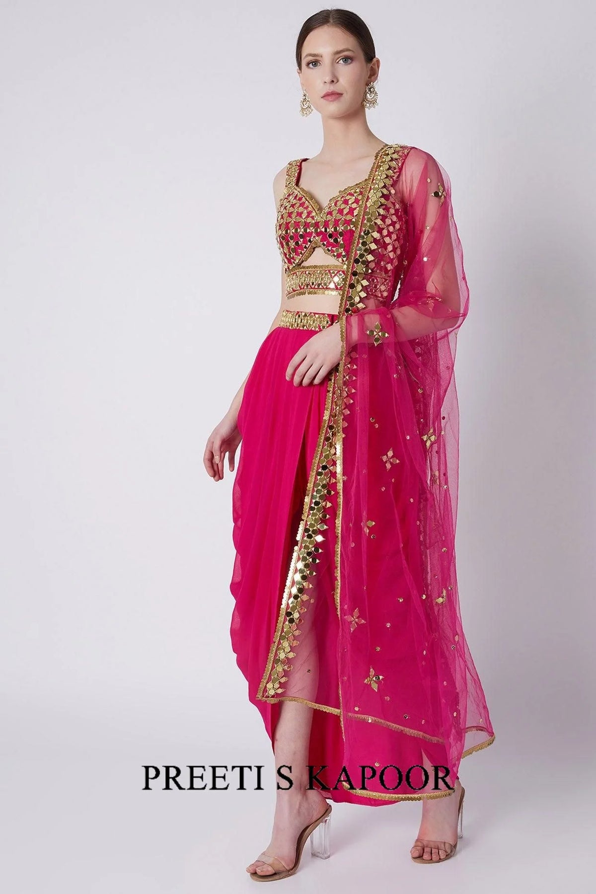 Fuchsia Gold Mirrors Embroidered Dhoti Set