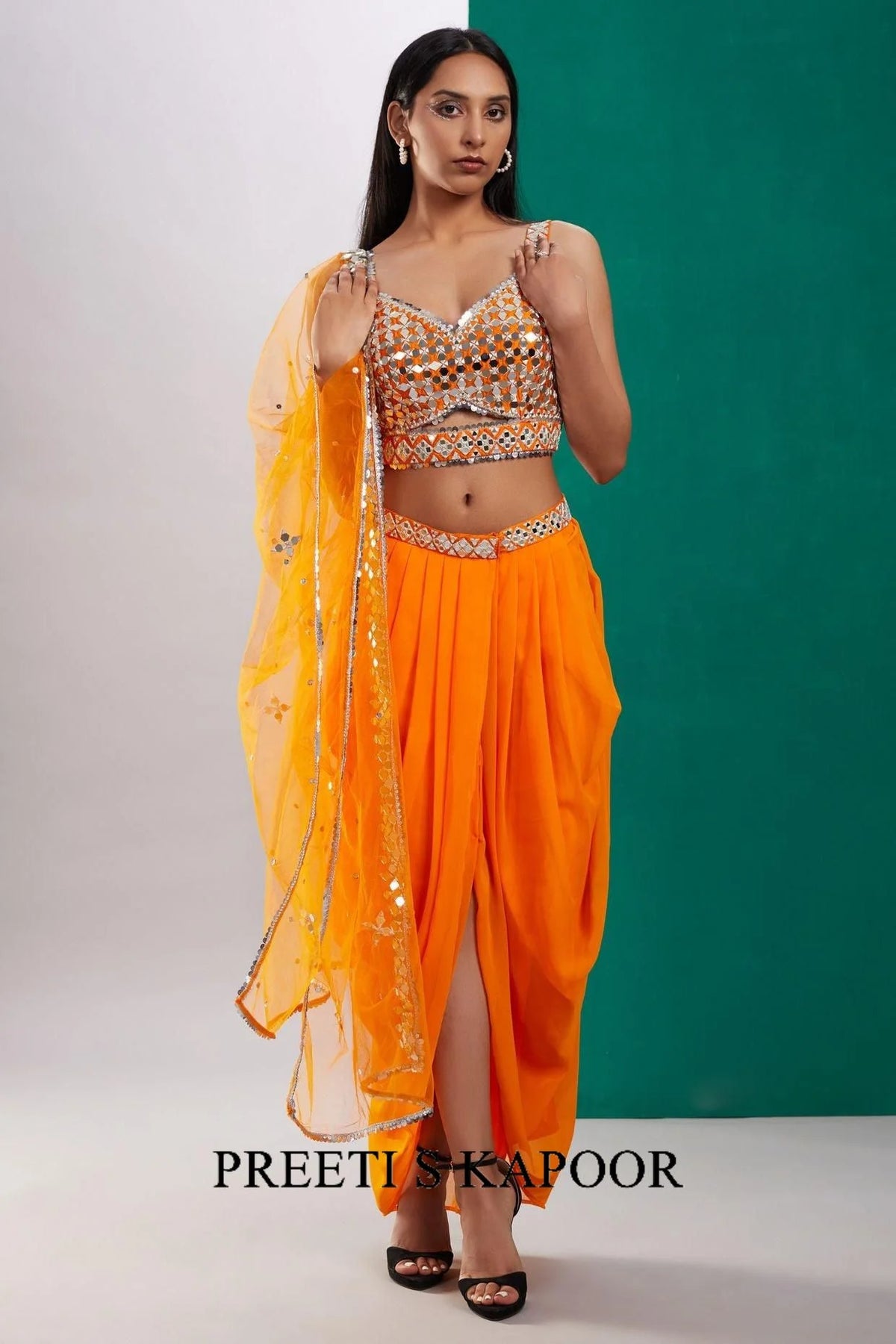Orange Gold Mirror Cape Set - Preeti S Kapoor