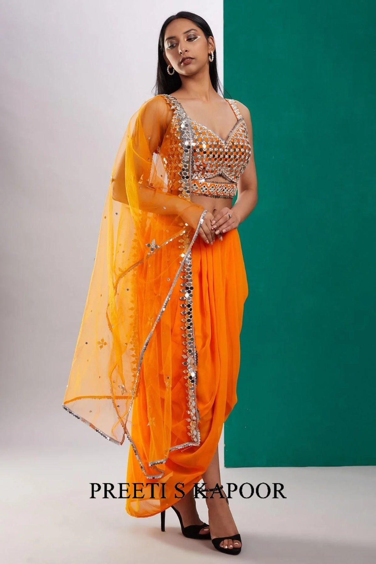 Orange Gold Mirror Cape Set - Preeti S Kapoor
