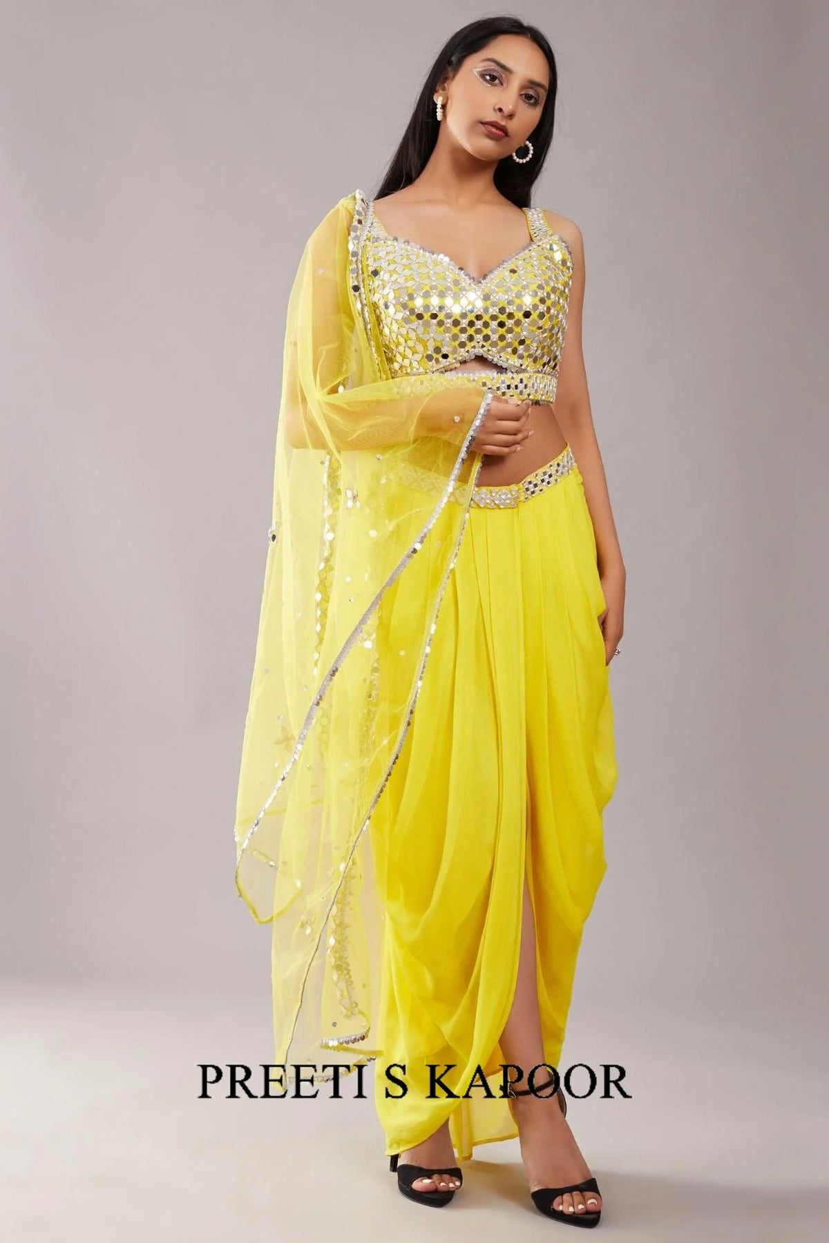 Yellow Mirror Blouse Cape Set - Preeti S Kapoor - Preeti S Kapoor