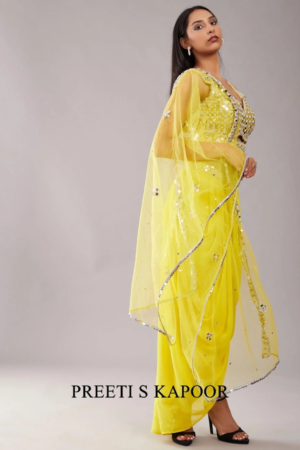 Yellow Mirror Blouse Cape Set - Preeti S Kapoor - Preeti S Kapoor