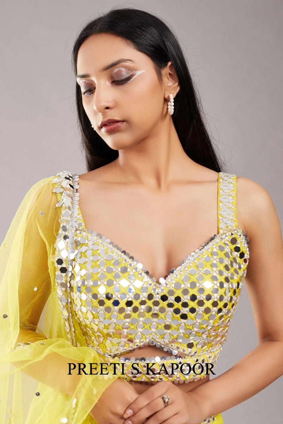 Yellow Mirror Blouse Cape Set - Preeti S Kapoor - Preeti S Kapoor