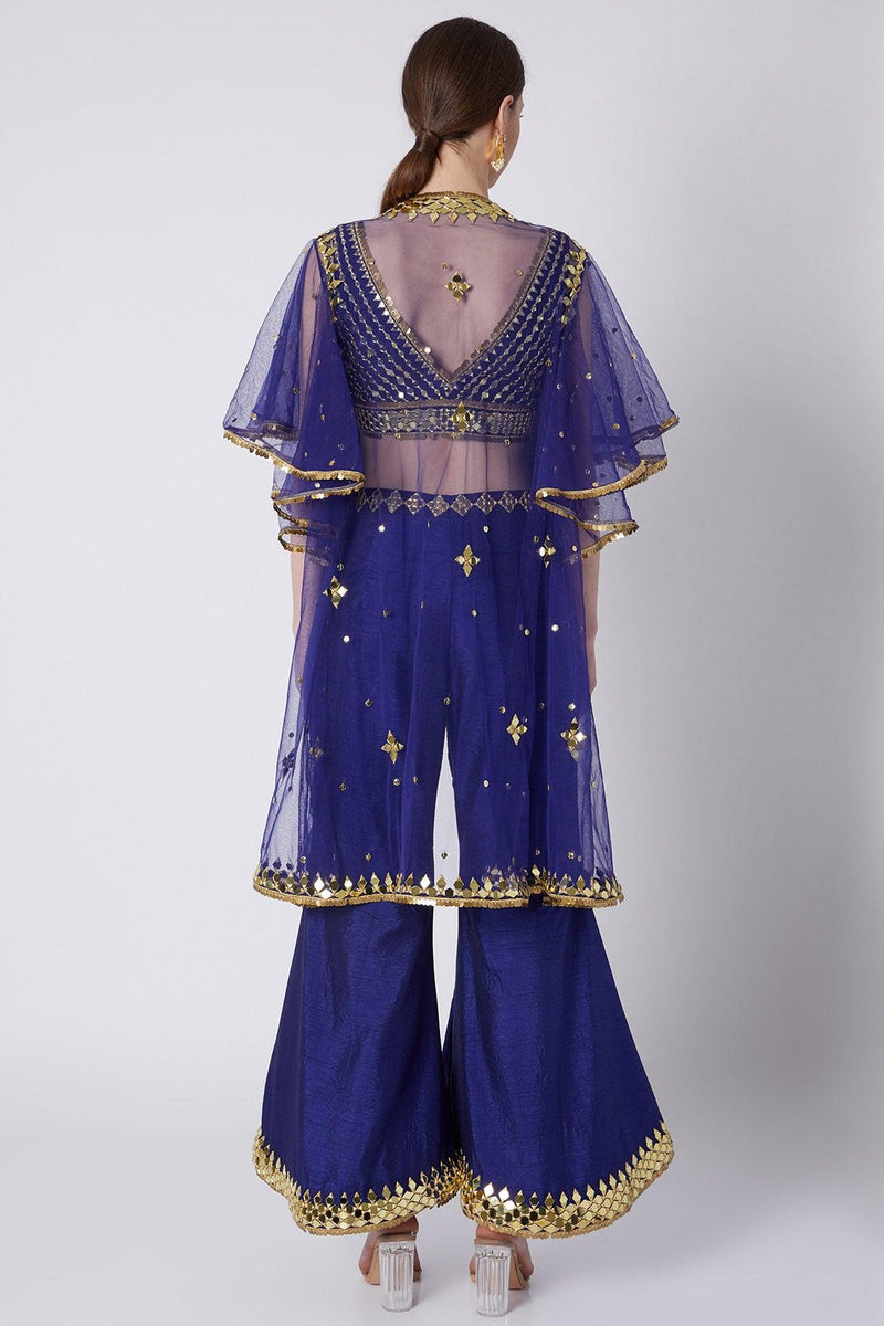 Royal Blue Mirrors Embroidered Cape Set - Preeti s kapoor