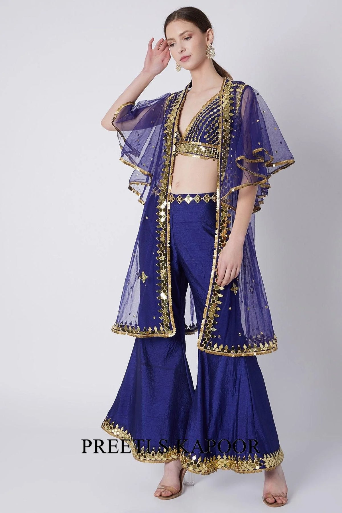 Royal Blue Mirrors Embroidered Cape Set - Preeti S Kapoor