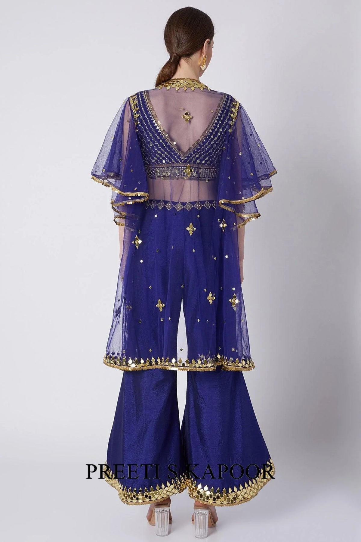 Royal Blue Mirrors Embroidered Cape Set - Preeti S Kapoor