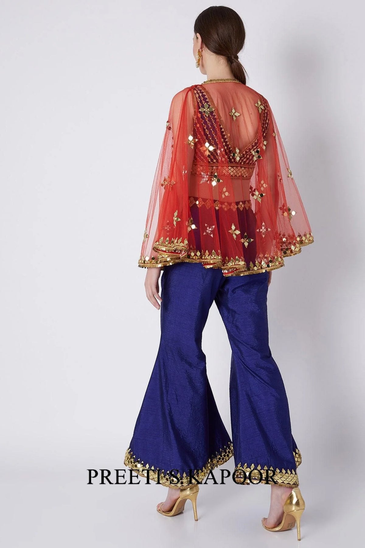 Lime Green Mirror Blouse Cape Set - Preeti S Kapoor