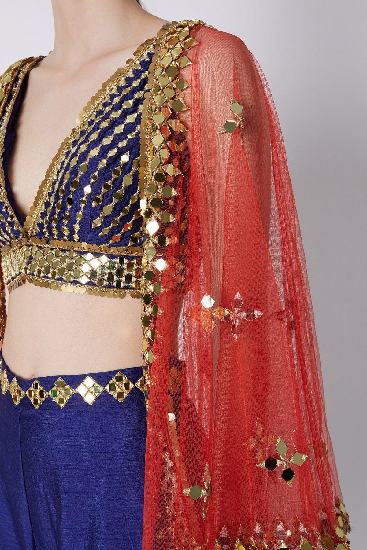 Royal Blue & Red Embroidered Cape Set - Preeti s kapoor