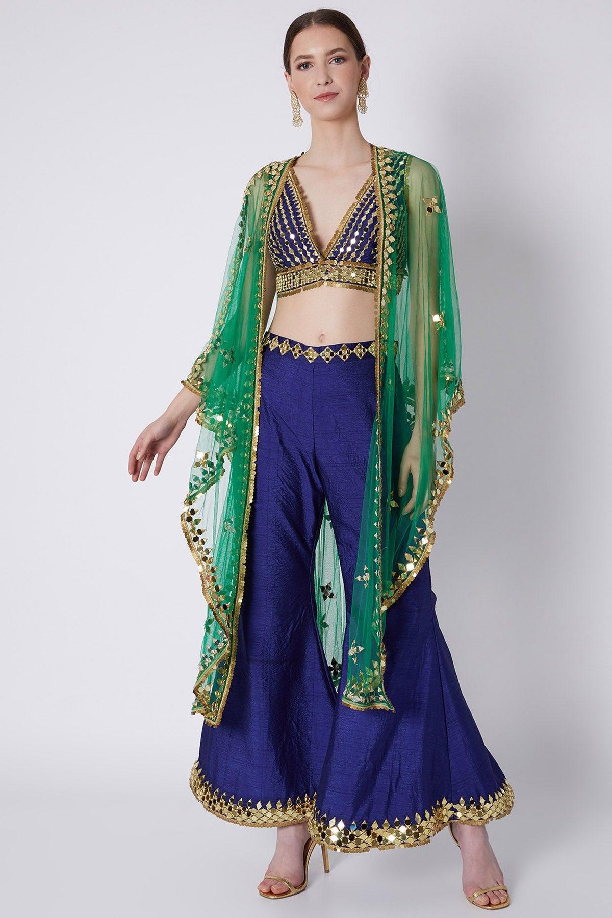 Royal Blue & Emerald Green Embroidered Cape Set - Preeti s kapoor