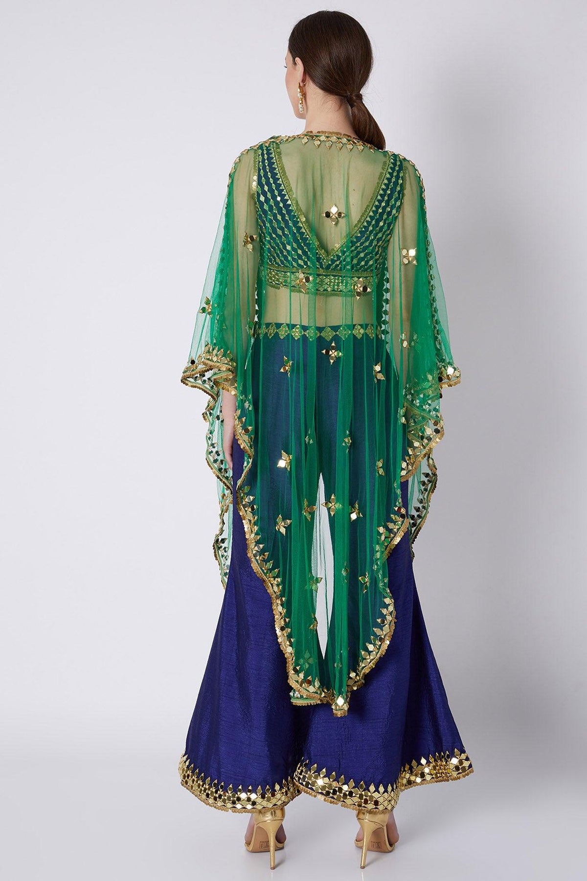 Royal Blue & Emerald Green Embroidered Cape Set - Preeti s kapoor