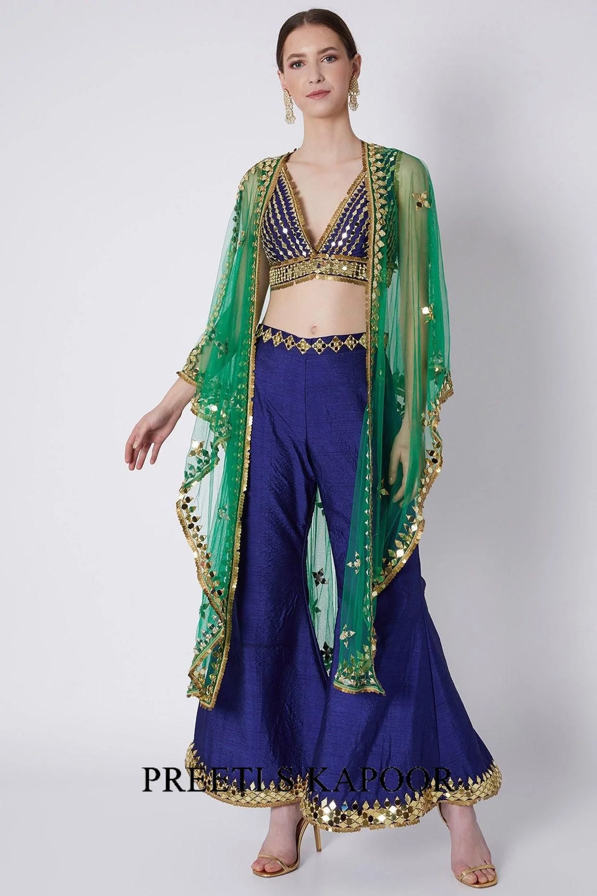 Royal Blue & Emerald Green Embroidered Cape Set - Preeti S Kapoor