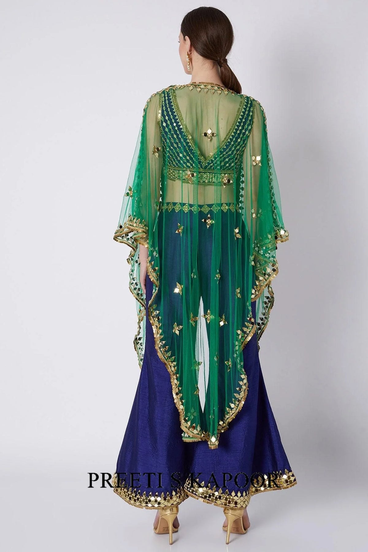 Royal Blue & Emerald Green Embroidered Cape Set - Preeti S Kapoor