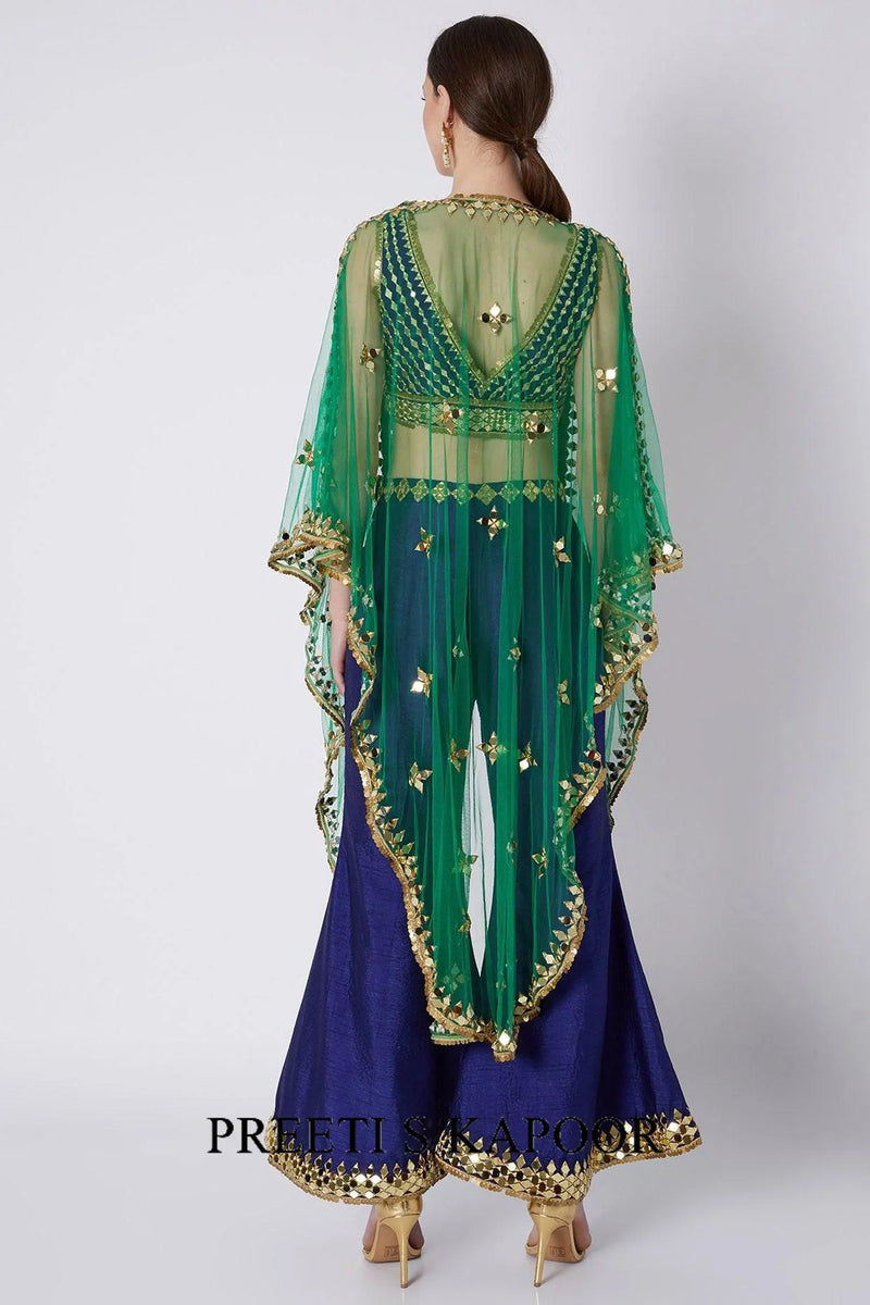 Royal Blue & Emerald Green Embroidered Cape Set - Preeti S Kapoor