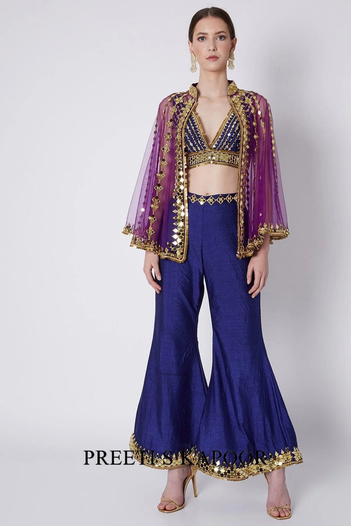 Royal Blue & Purple Embroidered Cape Set - Preeti S Kapoor