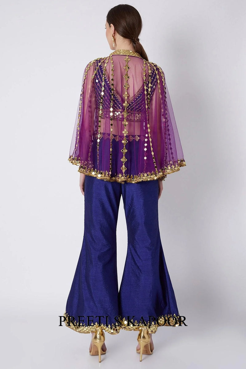 Royal Blue & Purple Embroidered Cape Set - Preeti S Kapoor