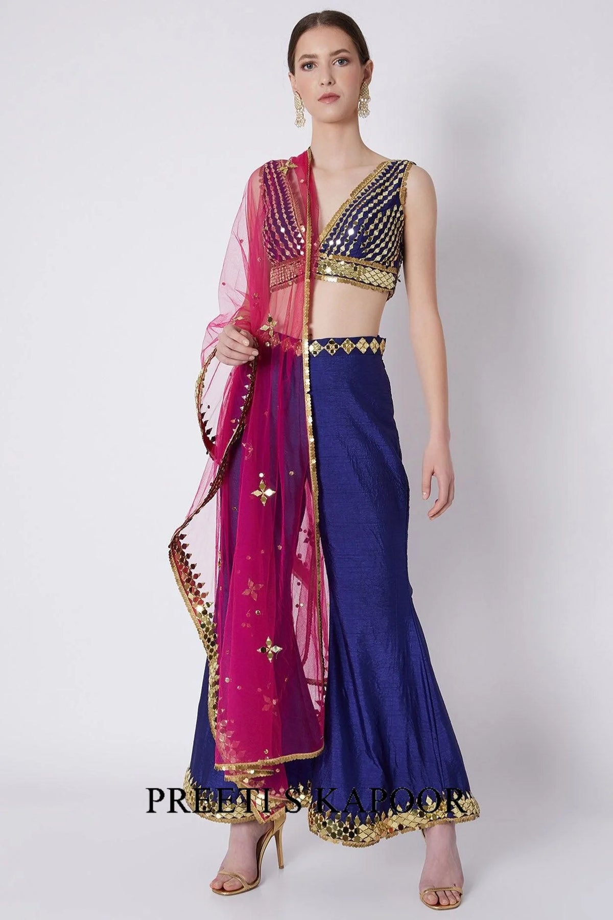 Royal Blue Embroidered Blouse With Bell Bottoms & Dupatta - Preeti S Kapoor