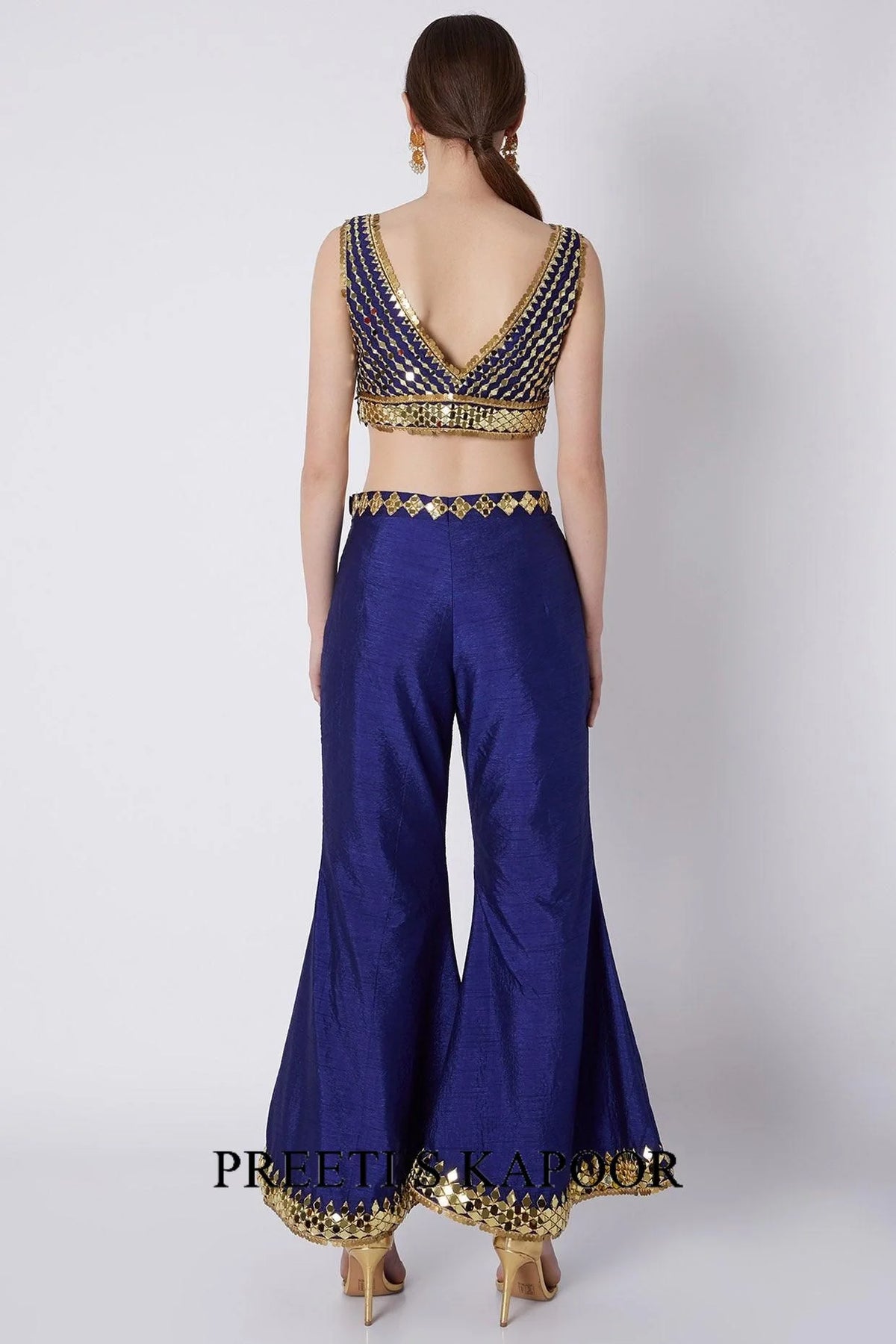 Royal Blue Embroidered Blouse With Bell Bottoms & Dupatta - Preeti S Kapoor