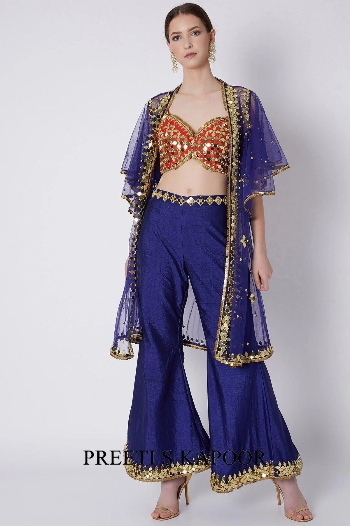 Red & Blue Embroidered Cape Set - Preeti S Kapoor