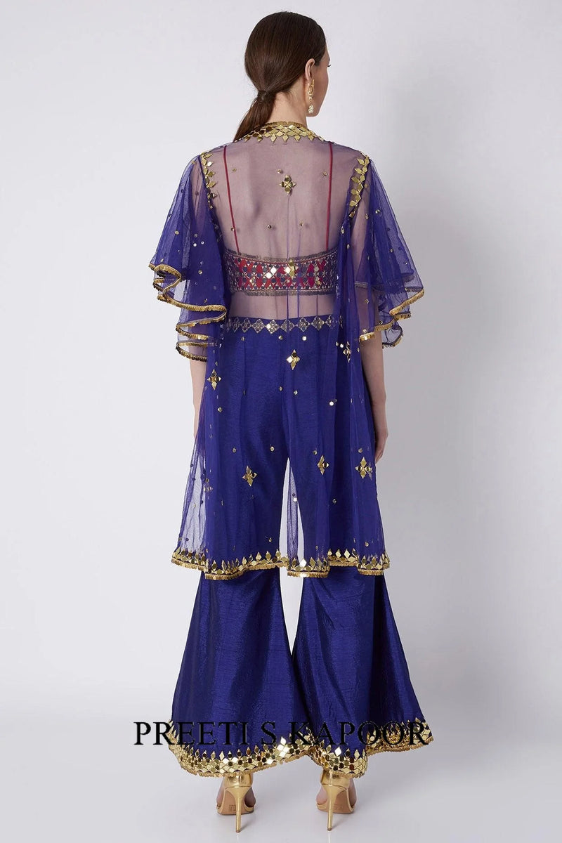 Red & Blue Embroidered Cape Set - Preeti S Kapoor