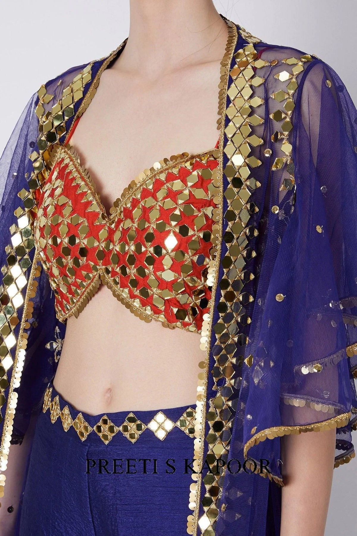 Red & Blue Embroidered Cape Set - Preeti S Kapoor