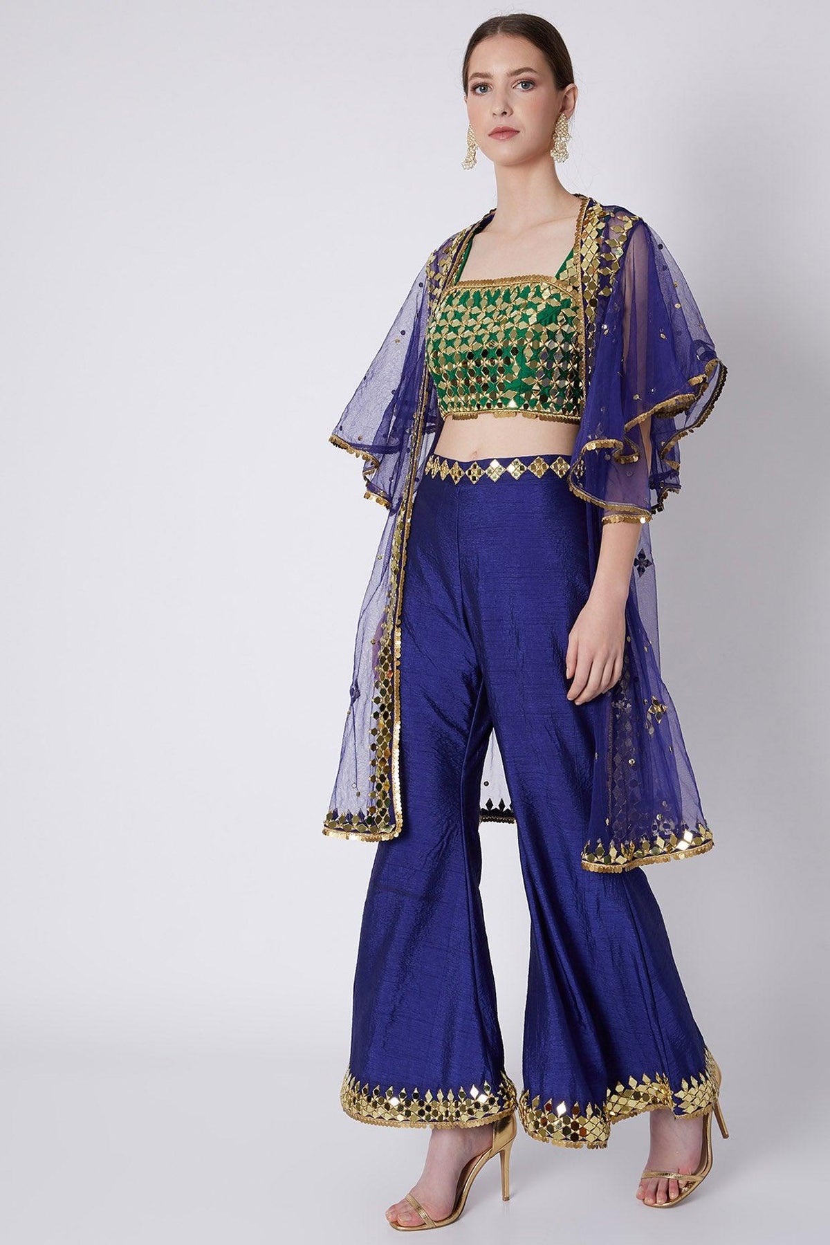Green & Blue Embroidered Cape Set - Preeti s kapoor