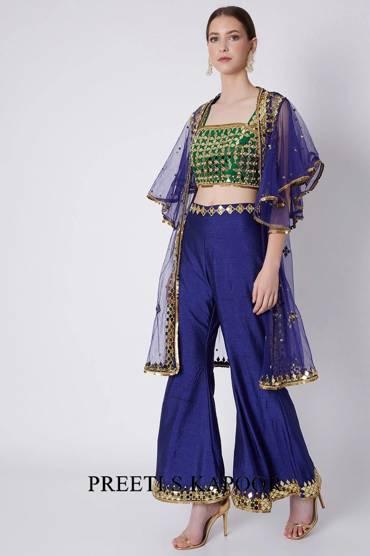 Green & Blue Embroidered Cape Set - Preeti S Kapoor