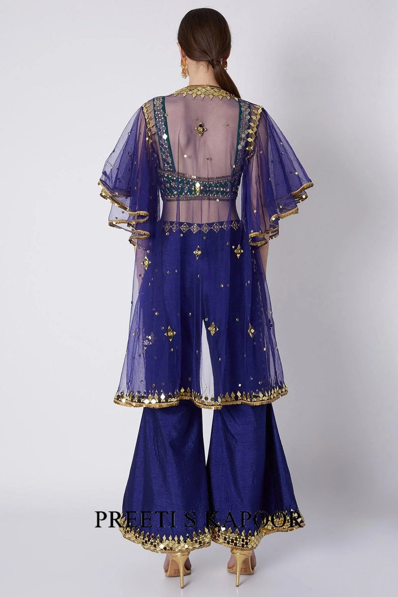 Green & Blue Embroidered Cape Set - Preeti S Kapoor