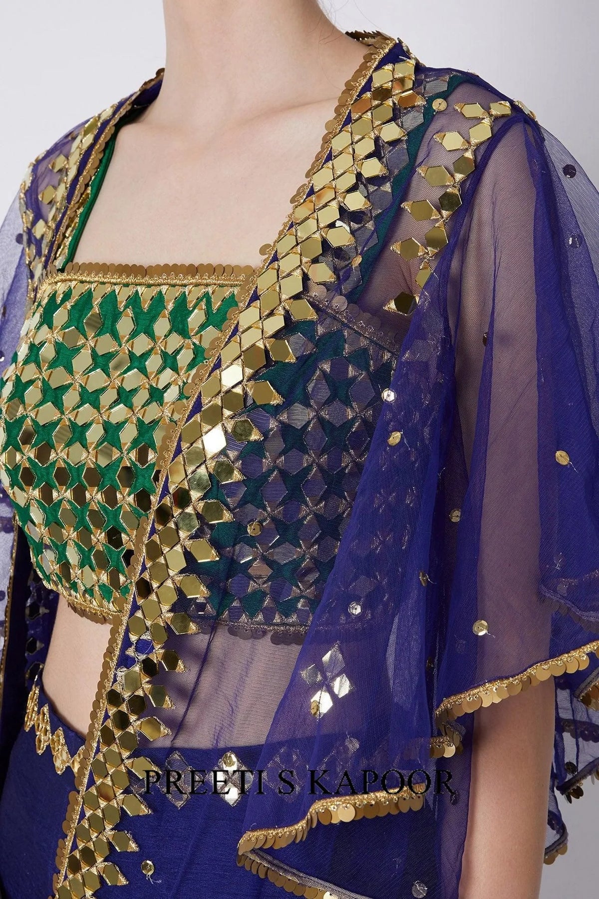 Green & Blue Embroidered Cape Set - Preeti S Kapoor