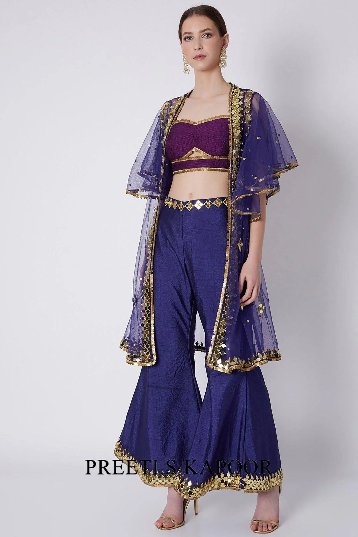 Mauve & Blue Embroidered Cape Set - Preeti S Kapoor
