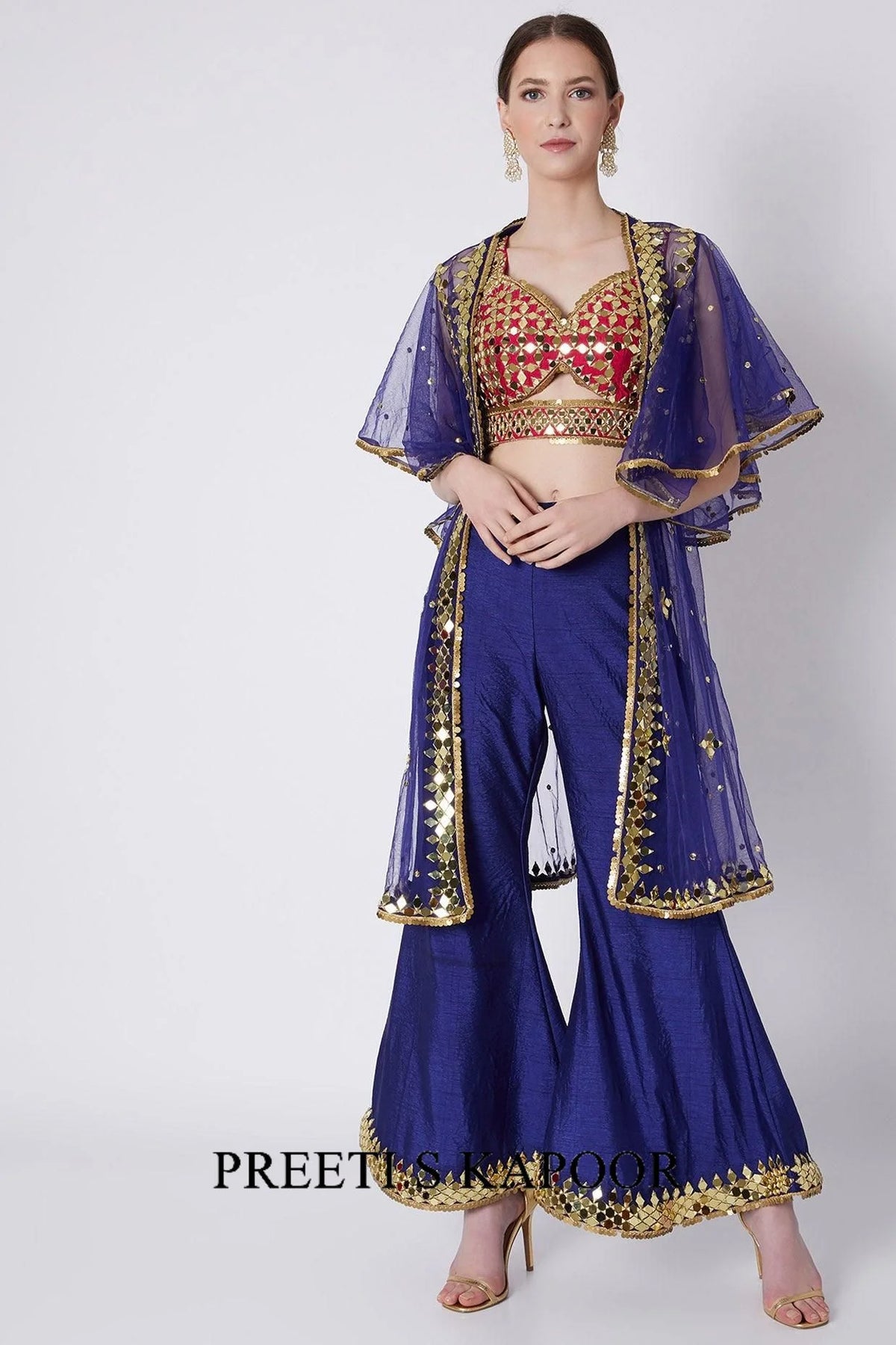 Blue & Red Embroidered Cape Set - Preeti S Kapoor