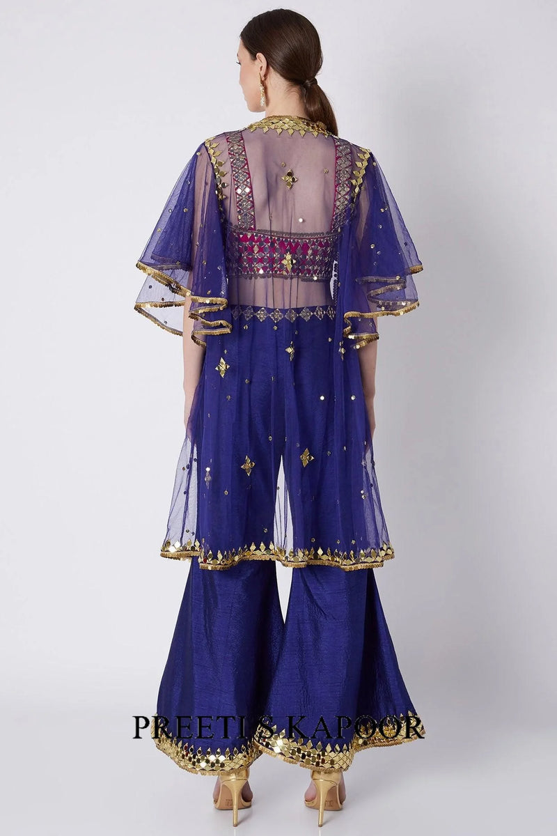 Blue & Red Embroidered Cape Set - Preeti S Kapoor