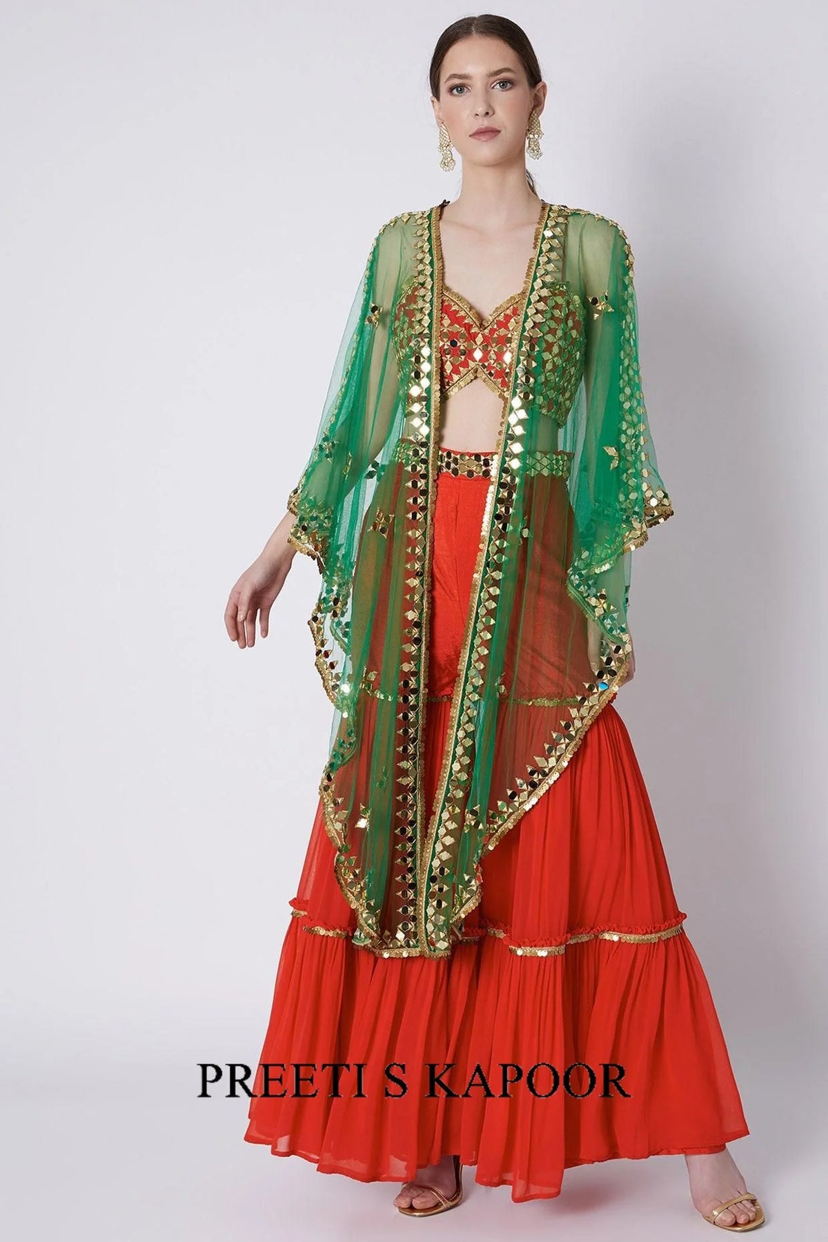 Red & Green Embroidered Gharara Set - Preeti S Kapoor